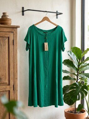 For Cynthia New Emerald Green Linen Blend Midi Dress Size 1X Pleated Pockets